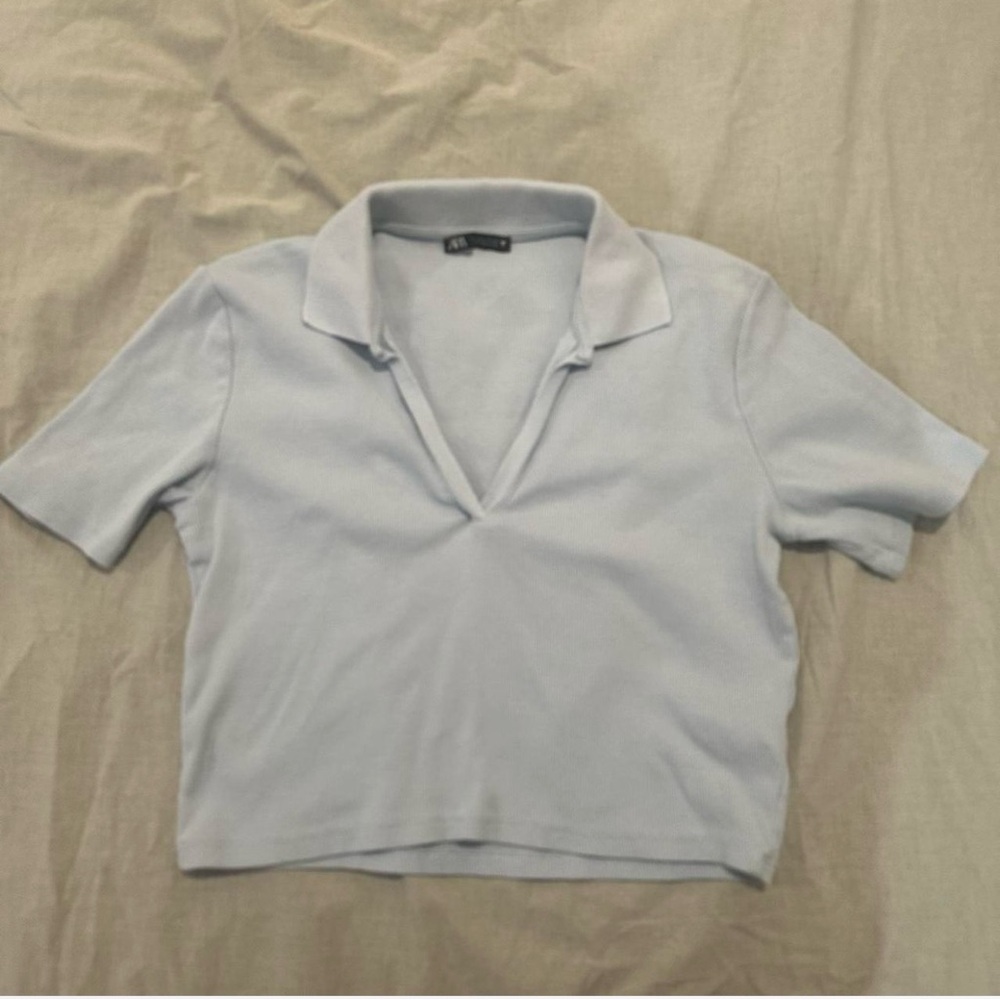 Zara Cropped Polo Shirt- Light Blue